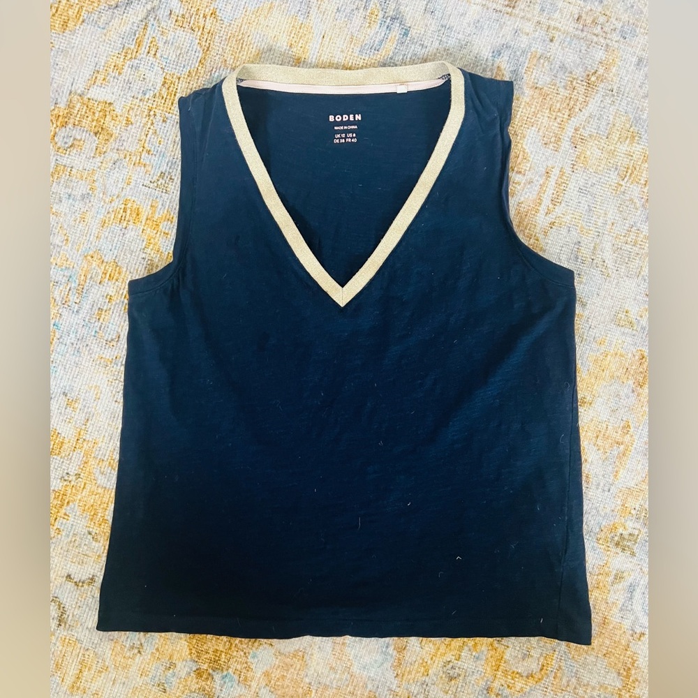 Flattering Elegant Boden Deep Navy Top with Gold Trim